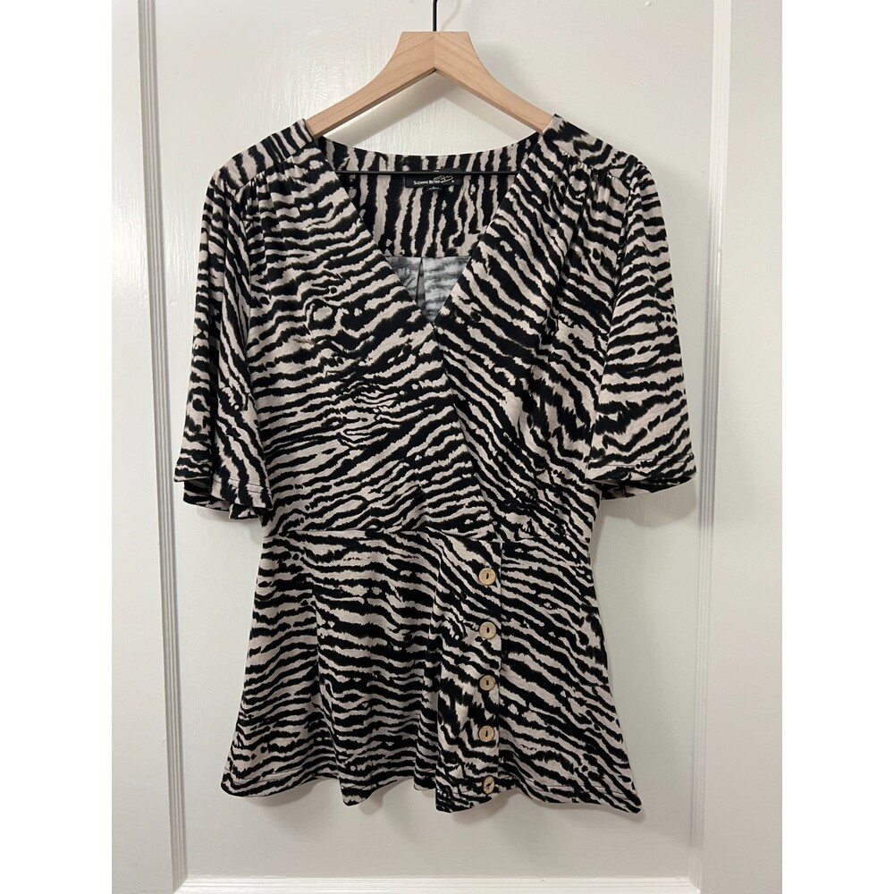 Suzanne Betro Women's Peplum Animal Print Zebra Faux Wrap Top Blouse Size L